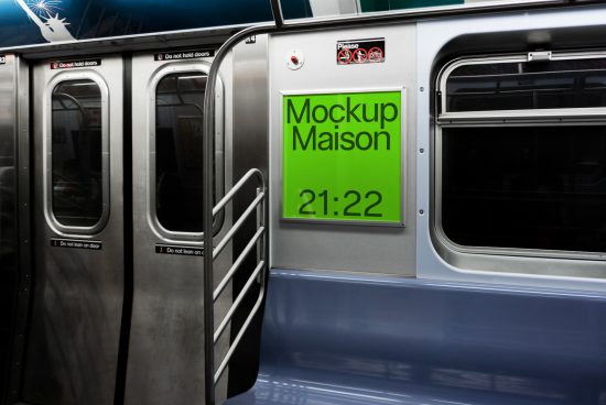 Subway train interior with green advertisement mockup, showcasing time display design potential for transit ad templates.