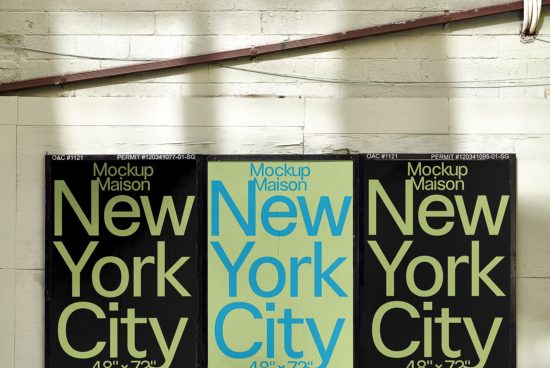 Three poster mockups with bold typography "New York City" against a brick wall, showcasing design display options for graphics and templates.