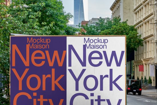 Billboard mockup with New York City text graphic design in an urban setting, ideal for presenting branding, advertising, and design concepts.