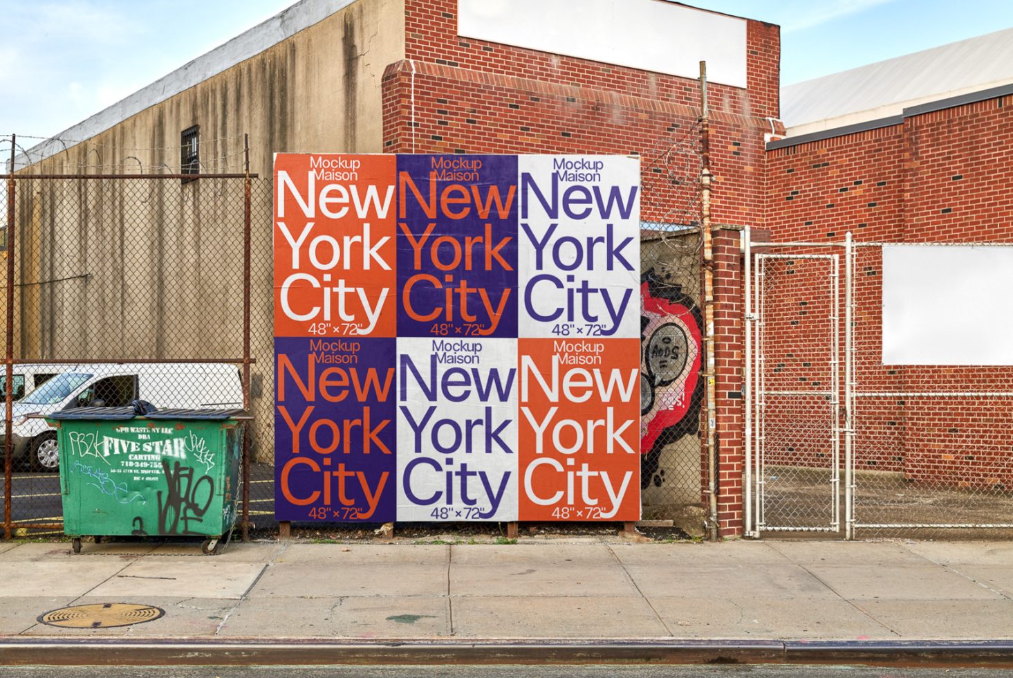 Urban poster mockup on a chain-link fence with varying sizes and overlapping New York City graphics for outdoor advertising design presentation.