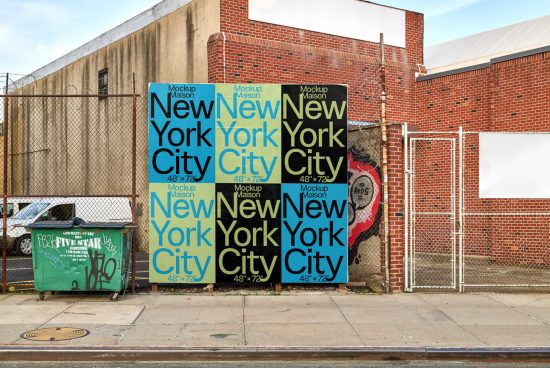 Urban street scene with layered New York City posters mockup on a wall, ideal for design presentations and graphics.