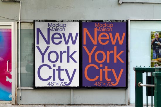 Outdoor billboard mockup with New York City text in purple and orange, realistic urban setting, for graphic designers and advertisers.
