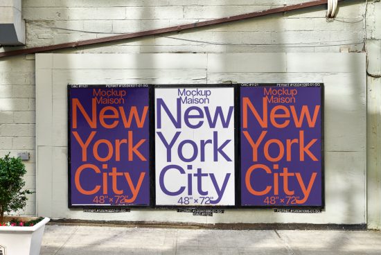 Three urban poster mockups with bold New York City typography design, showcased on a wall, for graphic presentations and city branding.
