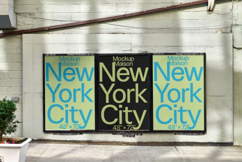 Urban billboard mockup displaying bold 'New York City' posters on building exterior for graphic design and advertising presentations.