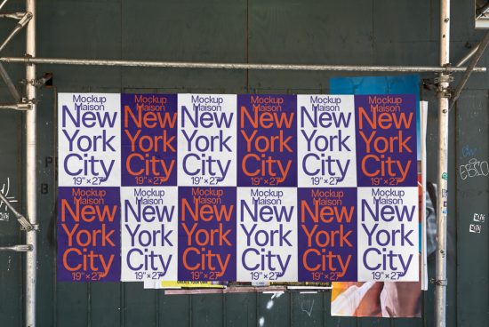 Urban poster mockups with New York City text, displayed on a construction site wall, showcasing graphic design and fonts.