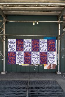 Grid of 12 poster mockups alternating navy blue, white, orange colorways with New York City typography
