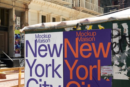 Urban poster mockup on construction hoarding with text "New York City" showcasing font design and text placement for street-level advertising.