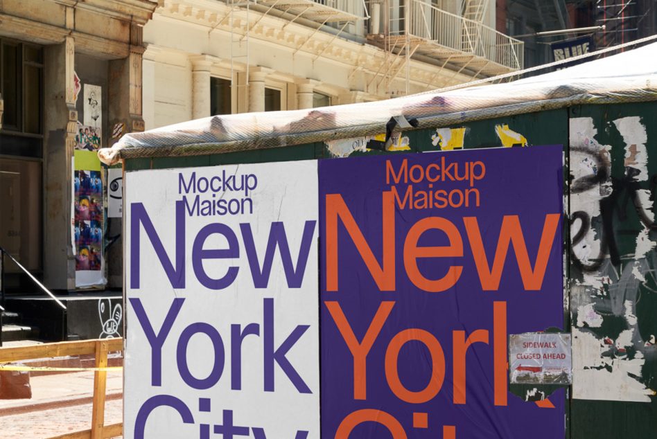 Urban poster mockup on construction hoarding with text "New York City" showcasing font design and text placement for street-level advertising.