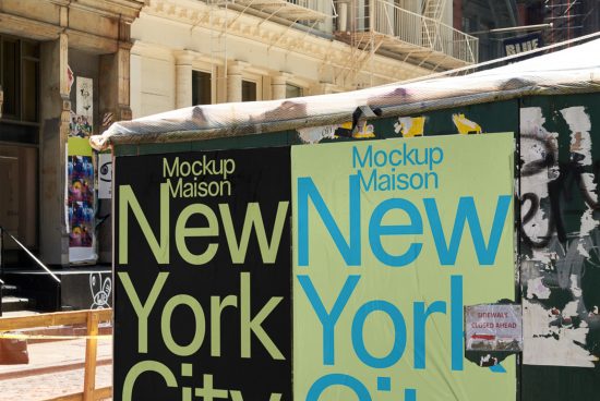 Urban poster mockup on construction site barricade with New York City text, ideal for designers to showcase advertising designs.