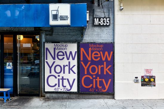 Urban storefront with two posters mockup for New York City, showcasing design versatility in a realistic setting, ideal for graphics display.