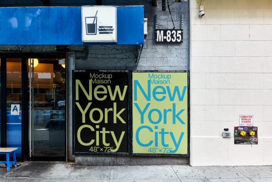 Street view of a storefront poster mockup with "New York City" text, ideal for design presentation, urban mockups category, realistic setting.