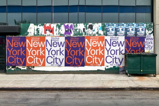 Urban billboard mockups on a wall with layered New York City posters, suitable for graphics and advertising design templates.