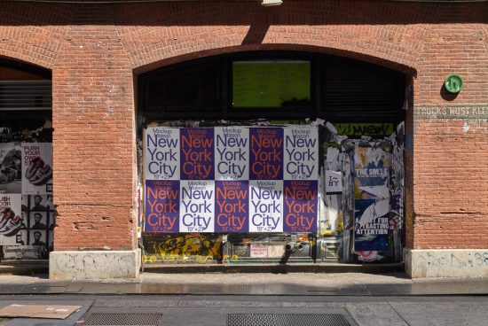 Urban storefront covered in posters with bold text 'New York City', ideal for mockup graphics, showing grunge style city environment for design.