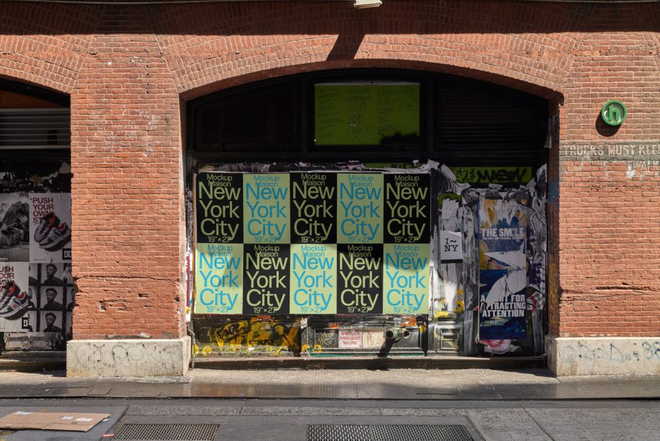 Urban storefront mockup with graffiti and posters for design presentation, brick wall texture, city vibes, realistic street scene for graphics display.