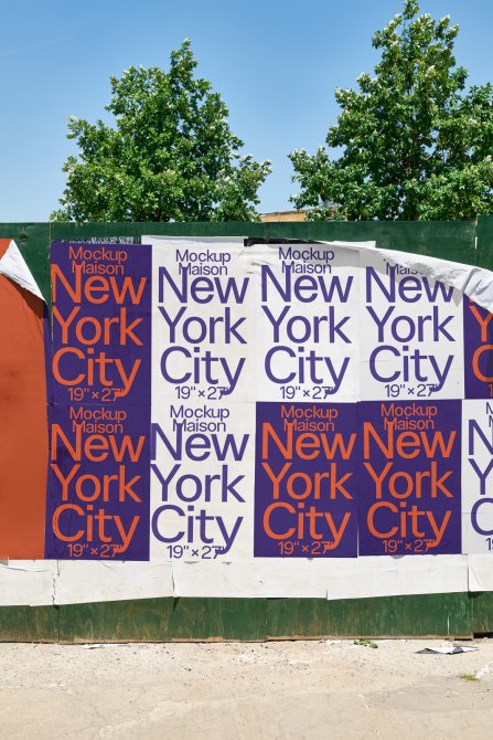 Urban poster mockup on a fence with repetitive New York City design, great for designers to display graphics or branding work.