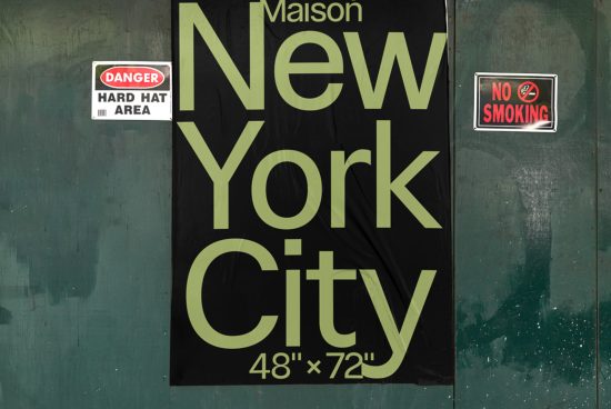 Urban wall poster mockup, New York City themed graphic design, grunge style, with safety signs, for branding presentations and street advertising.