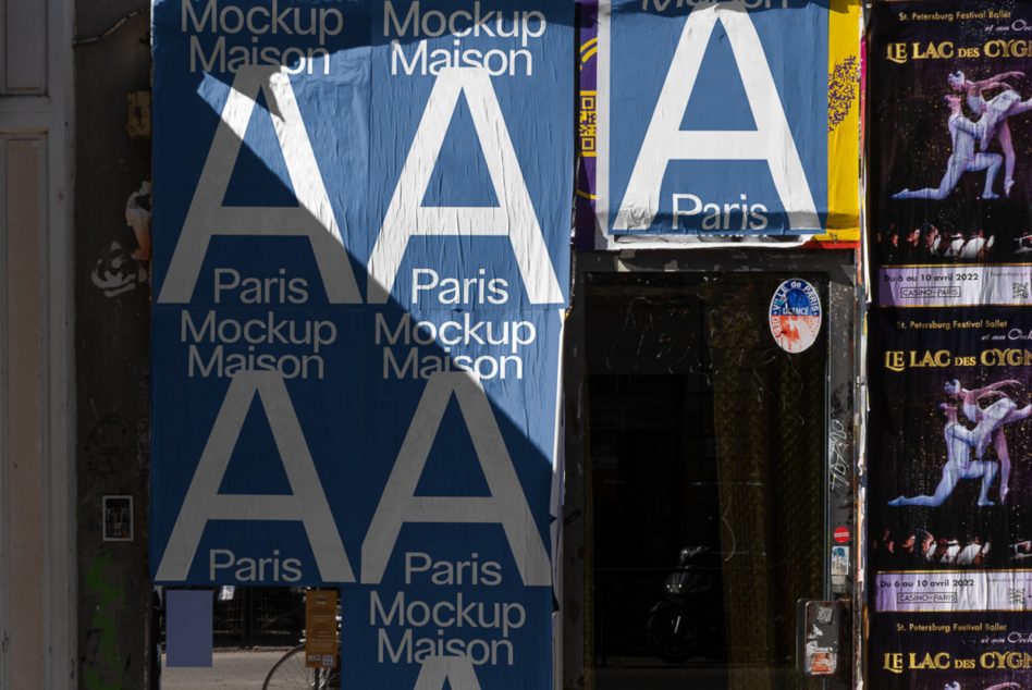 Urban poster mockups on a wall displaying large letter A graphics with text 'Mockup Maison Paris,' ideal for showcasing design templates.