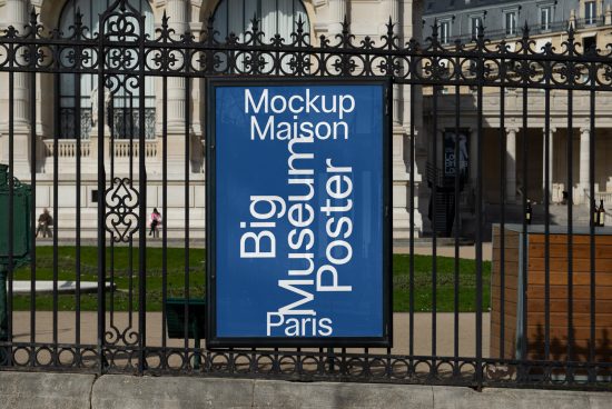 Outdoor museum poster mockup displayed on ornate iron gate, ideal for designers to showcase advertising designs, with urban Paris background.