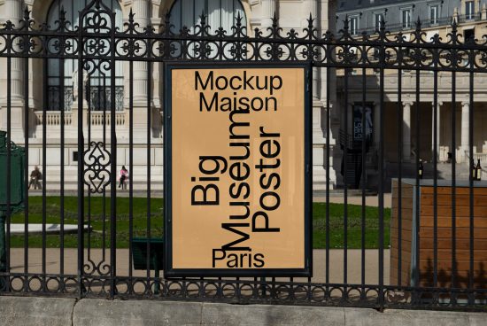 Outdoor museum poster mockup on wrought iron fence, Parisian aesthetic, perfect for designers to showcase graphics and typography.