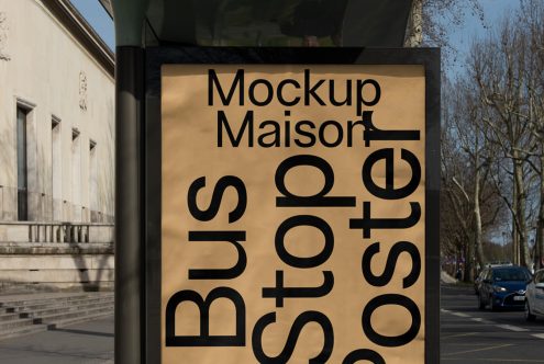 Outdoor bus stop poster mockup in an urban setting displaying bold typography, ideal for designers to showcase advertising designs.