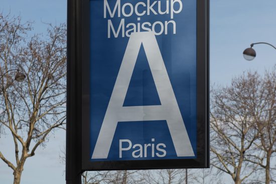 Outdoor billboard mockup displaying blue sign with large letter A in Paris, ideal for graphic design and advertising presentations.