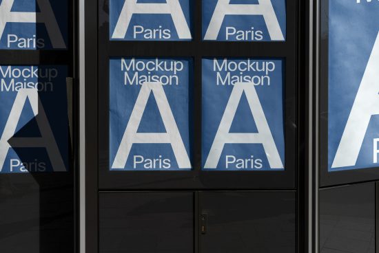 Modern storefront mockup design with geometric typography, ideal for brand presentation, showing clean and bold font style, Paris theme.