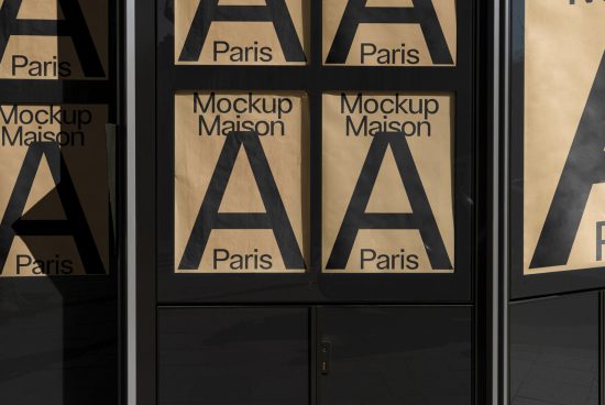 Urban storefront mockup with bold typography for window display in a Parisian style, perfect for showcasing designs and graphics.