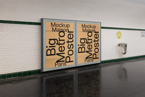 Subway station interior featuring two large wall-mounted advertisement mockups, showcasing design space for branding and marketing.