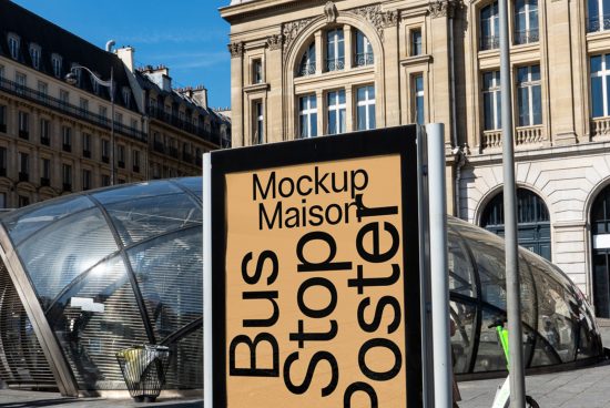 Bus stop billboard mockup in urban setting for outdoor advertising design showcase, with clear sky and city backdrop.