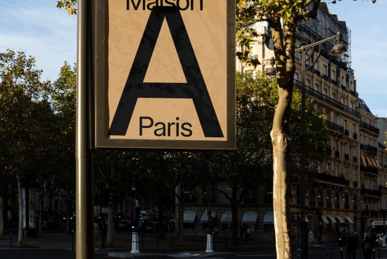 Outdoor sign mockup with bold typography for Maison A Paris design on urban street, ideal for presenting branding graphics.