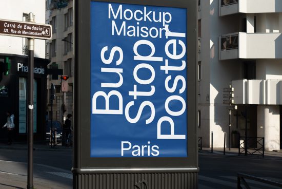 Bus stop poster mockup in urban setting, ideal for presenting advertising designs, with clear blue sky backdrop for designers.