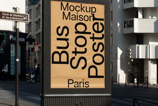 Realistic bus stop poster mockup in urban Paris setting for outdoor advertising design presentation - Mockups category. Perfect for displaying ads.