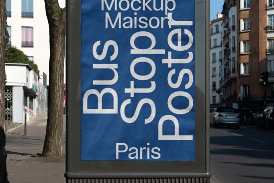 Outdoor bus stop poster mockup in urban setting perfect for advertising design presentations with realistic environment and Parisian street backdrop.
