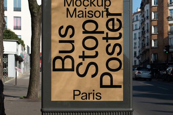 Realistic bus stop poster mockup in urban setting, perfect for advertising design presentations, outdoor media, and graphic display.