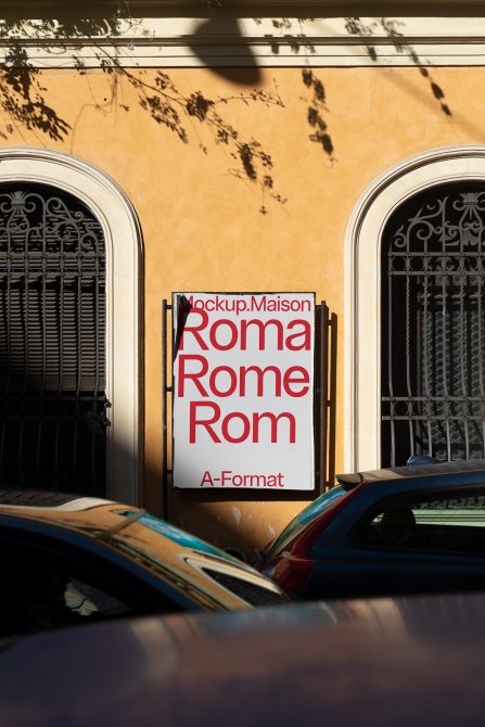 Red text on white poster between two decorative arched doorways