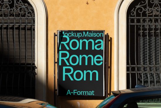 Sign mockup on a building featuring bold typography design with the text Roma Rome Rom in turquoise against a black background.