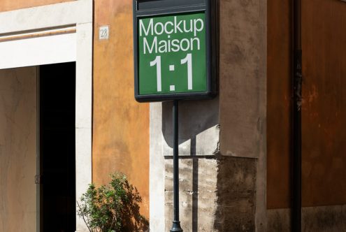 Urban store sign mockup on a sunny day for brand presentation, exterior signage display, realistic graphic design template.