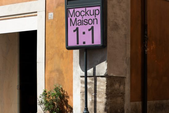 Urban street sign mockup on a sunlit wall for outdoor advertising and shop branding for designers and marketers.