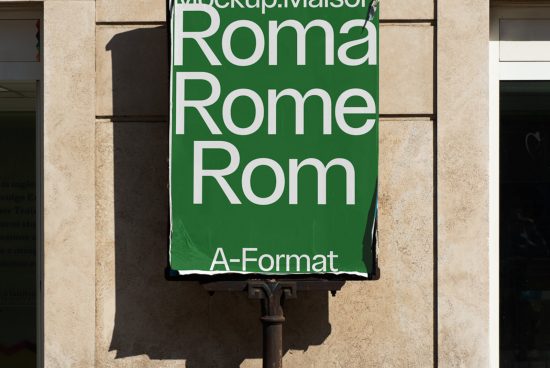 Green banner mockup with bold white typography design showcasing words Roma Rome Rom in different sizes for urban branding.