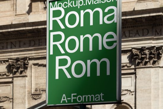 Outdoor banner mockup hanging on a street with "Roma Rome Rom" text design, ideal for presentations and urban advertising graphics.