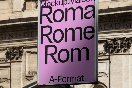 Billboard mockup template featuring purple design with the text Roma, set against a historic building backdrop, perfect for designers, ads, and marketing.