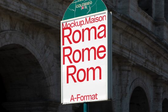Station sign mockup with editable text in front of historical architecture, ideal for designers to showcase font and graphic designs.