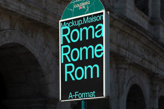 Mockup signboard with stylized text Roma Rome Rom in front of Colosseum, sleek design for modern city branding projects.