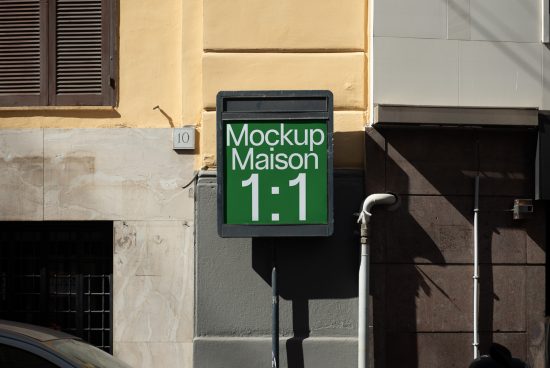 Urban sign mockup on a sunny street for branding presentation, realistic outdoor signage, designers visual identity tool.
