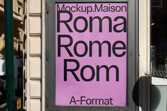 Urban poster mockup on a store window featuring bold typography design presenting the word Rome in different languages, ideal for font and template display.