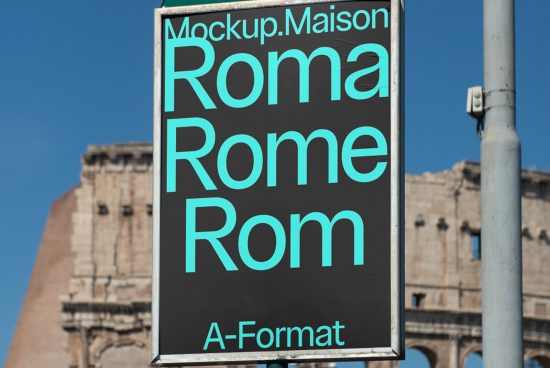Urban billboard mockup featuring cyan font designs with variations of the word Rome, clear sky backdrop, ancient monument visible.