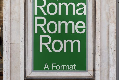 Green typographic poster mockup with the word Rome in different languages in a marble frame, ideal for designers working on branding projects.