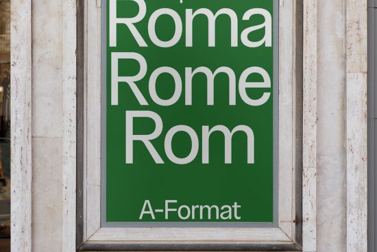 Green typographic poster mockup with the word Rome in different languages in a marble frame, ideal for designers working on branding projects.