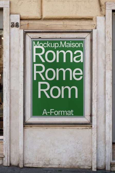 Outdoor poster mockup displayed in a vintage frame on a building facade, showcasing typography design for "Roma Rome" in green and white.