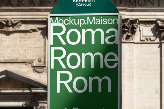 Street sign mockup with text Roma Rome Rom in various fonts, ideal for showcasing signage designs, urban context, editable graphic display.